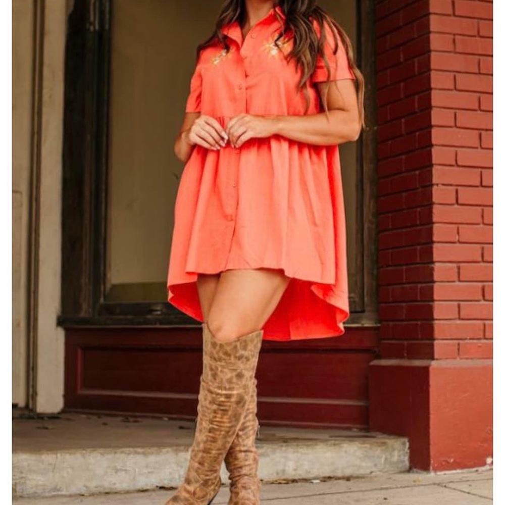 Coral ruffle back button down tunic dress